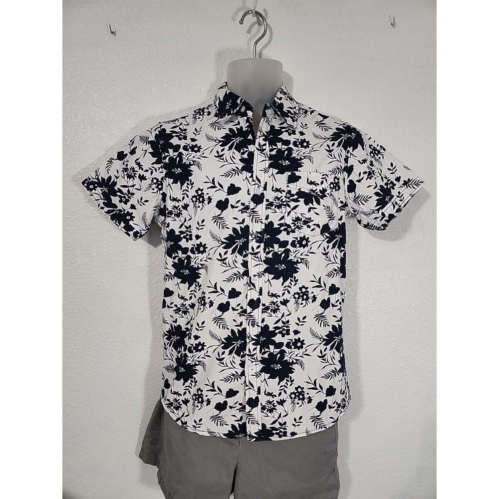 Native Code White Blue Floral Hawaiian Button Up Shirt Men's S Tropical Beach